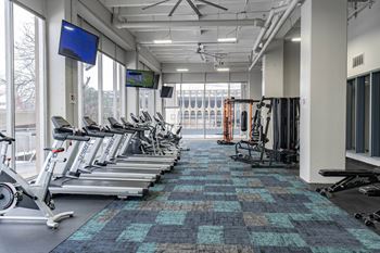 a fitness room with cardio equipment and treadmills