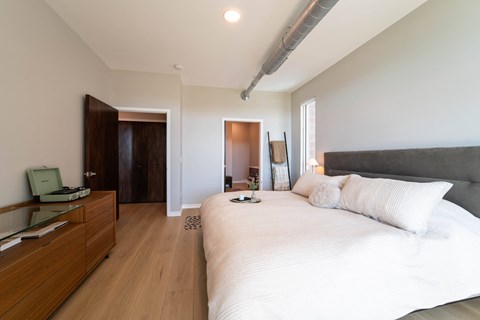 a bedroom with a large bed and a dresser