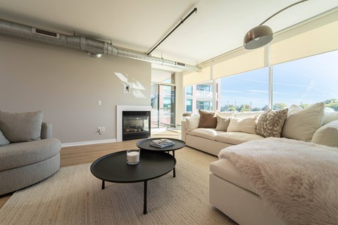 a living room with a couch coffee table and a fireplace