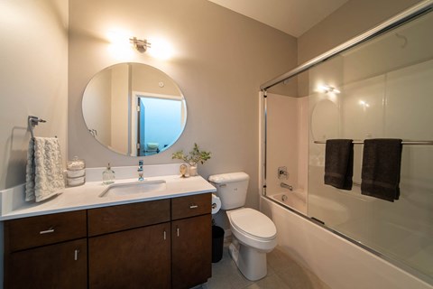 a bathroom with a toilet sink and shower and a mirror