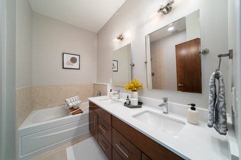 a bathroom with a sink and a tub and a mirror