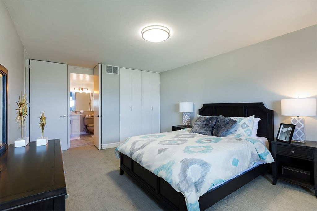 Photo of a bedroom at The Jefferson. The walls are painted a light grey. There is a queen sized bed in the middle of the room with two wood-like black end tables on each side. The bed has a patterned comforter. There is a closet with two doors that pull open. There is light brown carpet throughout the room. Next to the closet there is an enterance to the bathroom.