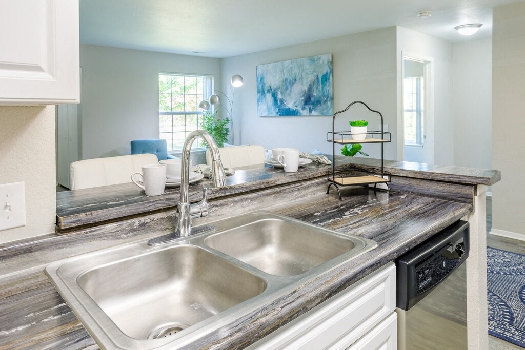 a kitchen with a sink and a counter top