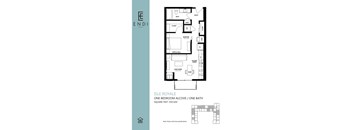 A floor plan for the Isle Royale alcove with one bedroom and one bath.