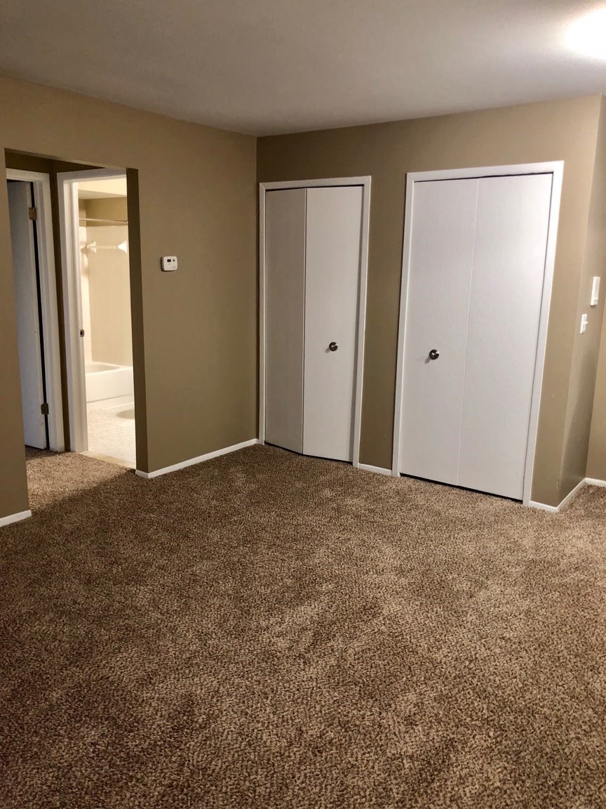 a carpeted room with three closets and two doors