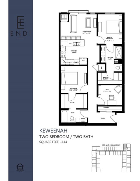 A floor plan of a two bedroom apartment with two bathrooms.