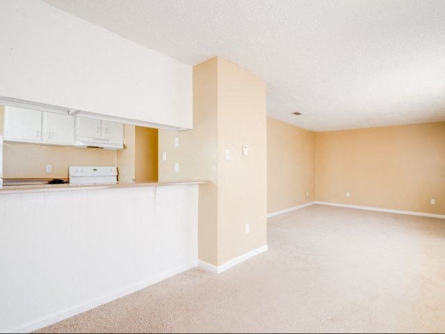 Living room with kitchen that has a lookout into the living room