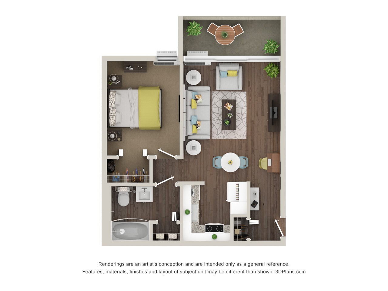 A 3D floor plan of a small apartment with a kitchen, living room, and bathroom.