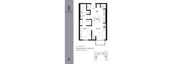 A floor plan of a one bedroom apartment with one bath.