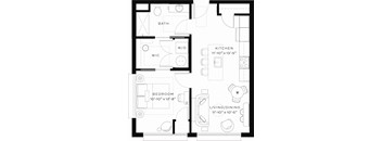 A black and white image of a floor plan for a small apartment.