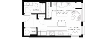 A floor plan of a small apartment with a bedroom, living room, kitchen, and bathroom.