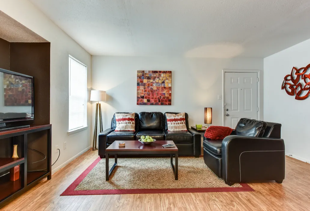 Living room with black and red furnishings