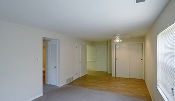 Living and dining area with hardwood-like flooring, grey carpet, and white walls.