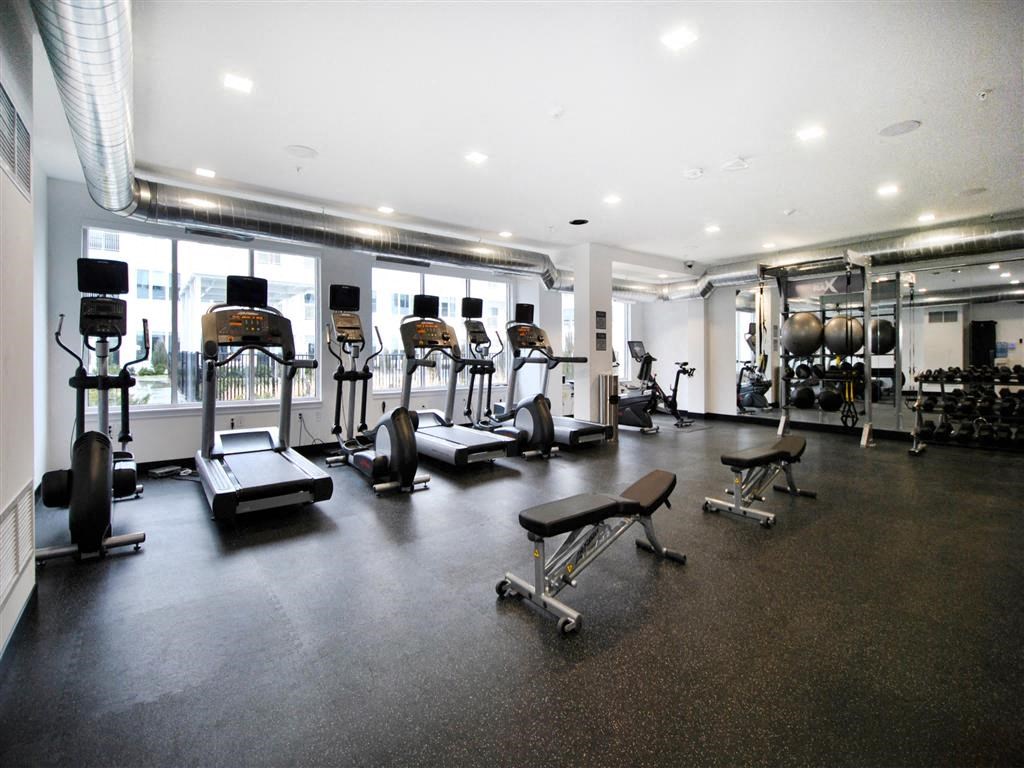 a gym with treadmills and other exercise equipment a gym with treadmills and other exercise equipment at The George, Ann Arbor, MI