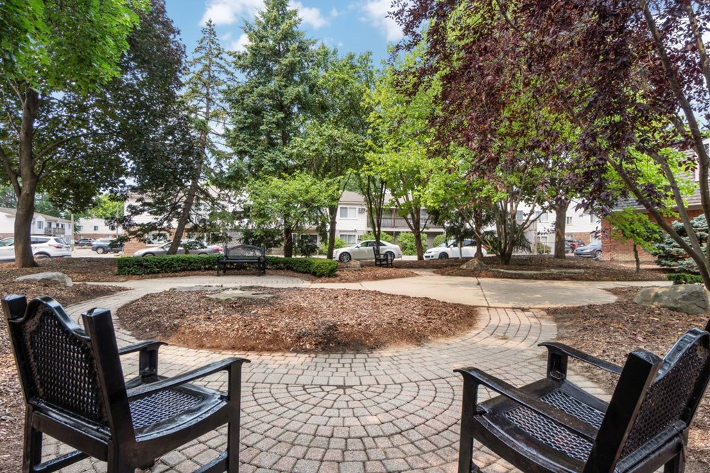 a park with benches and trees in a park