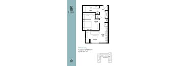 A floor plan for a one-bedroom apartment with a living room, kitchen, and bathroom.