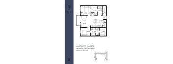 A floor plan for the Marquette Harbor apartment complex, which includes two bedrooms and two baths.