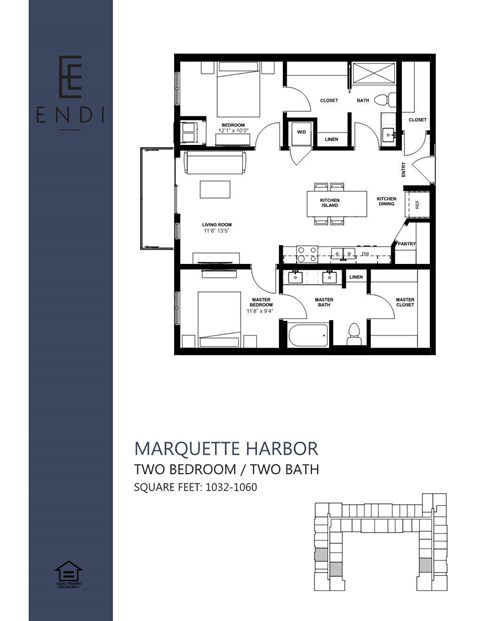 A floor plan for the Marquette Harbor apartment complex, which includes two bedrooms and two baths.