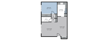 A floor plan of a room with a bedroom, kitchen, living room, and bathroom.