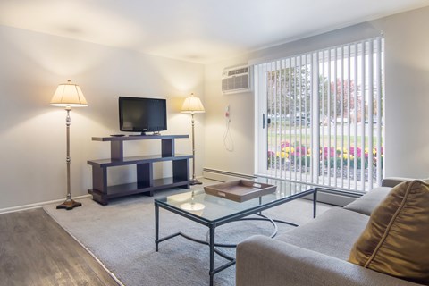 a living room with a couch and a coffee table and a television