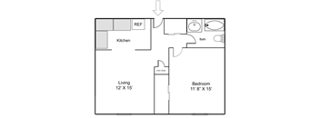 a floor plan of a 1 bedroom floor plan with a bathroom and a kitchen