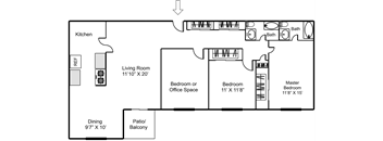 a floor plan of a house with a bedroom and a living room