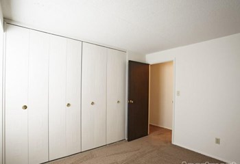 Bedroom with beige carpeting and white closet doors lining the entire right wall. - Photo Gallery 13