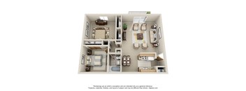 A 3D floor plan of a small apartment with a kitchen, living room, and bathroom.