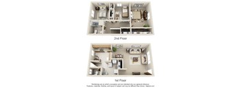 Two images of a house layout, one showing the first floor and the other showing the second floor.