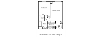 A floor plan of a one bedroom apartment with a bath and a kitchen.