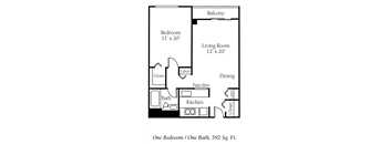 A floor plan of a one bedroom apartment with one bath and a balcony.