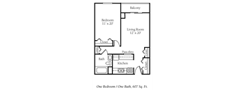 A floor plan of a one bedroom apartment with a bath and a living room.