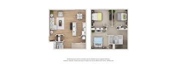 Two images of a room layout with furniture and appliances.