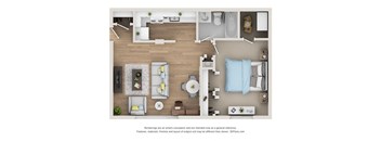 A top-down view of a modern, well-organized living space with a kitchen, dining area, and bedroom.