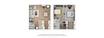 A floor plan of a modern apartment with a living room, kitchen, and bedroom.