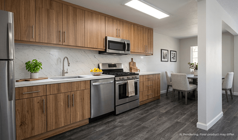 A modern kitchen with wooden cabinets and stainless steel appliances.