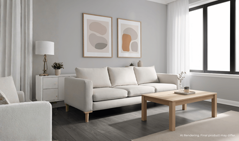 A modern living room with a white sofa, a wooden coffee table, and two abstract paintings on the wall.