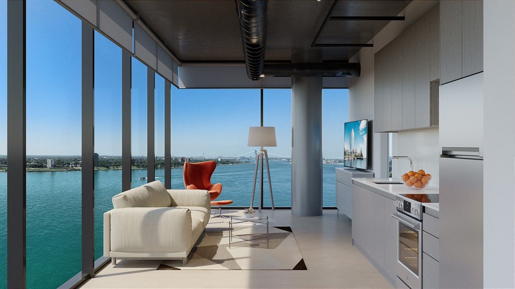 a rendering of a living room with a view of a body of water