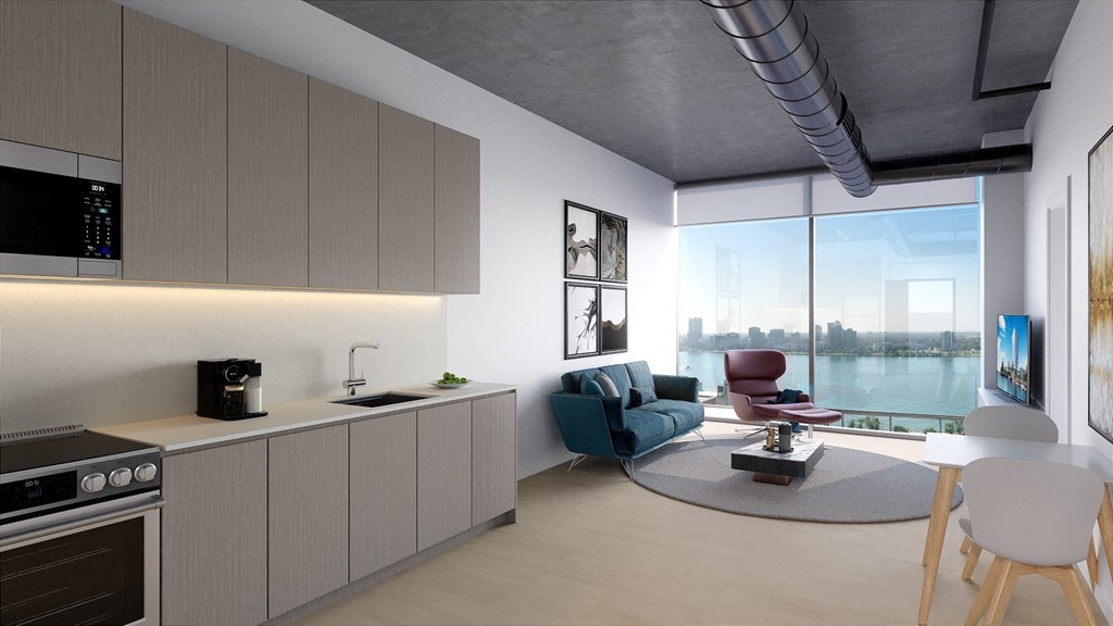 a rendering of a kitchen and living room with a view of the hudson river