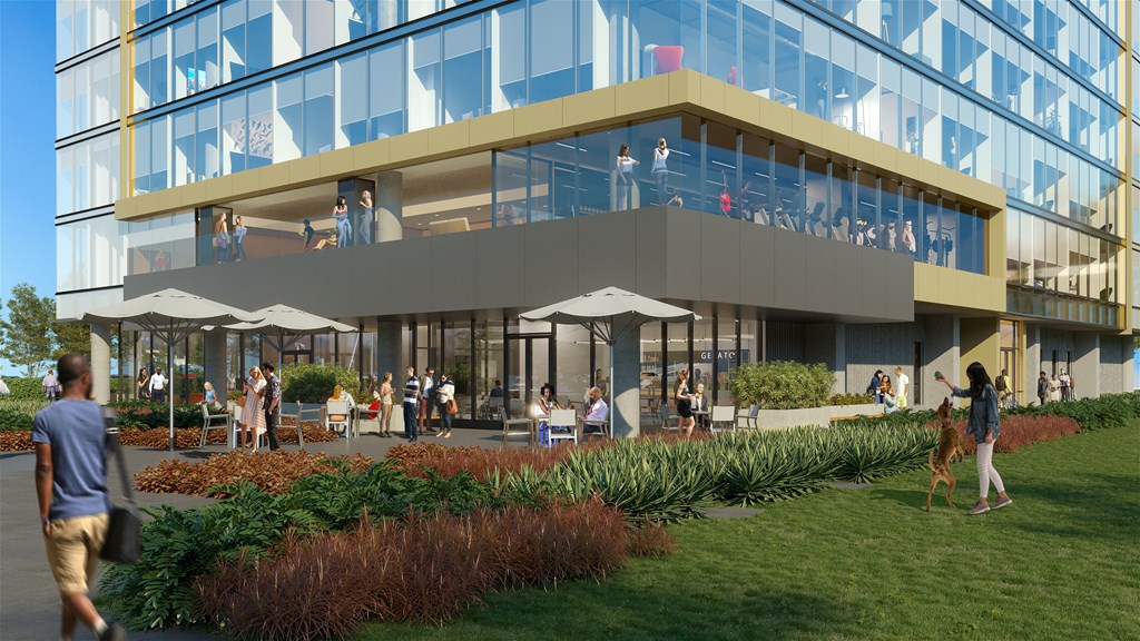 a rendering of a building with people walking around and sitting under umbrellas