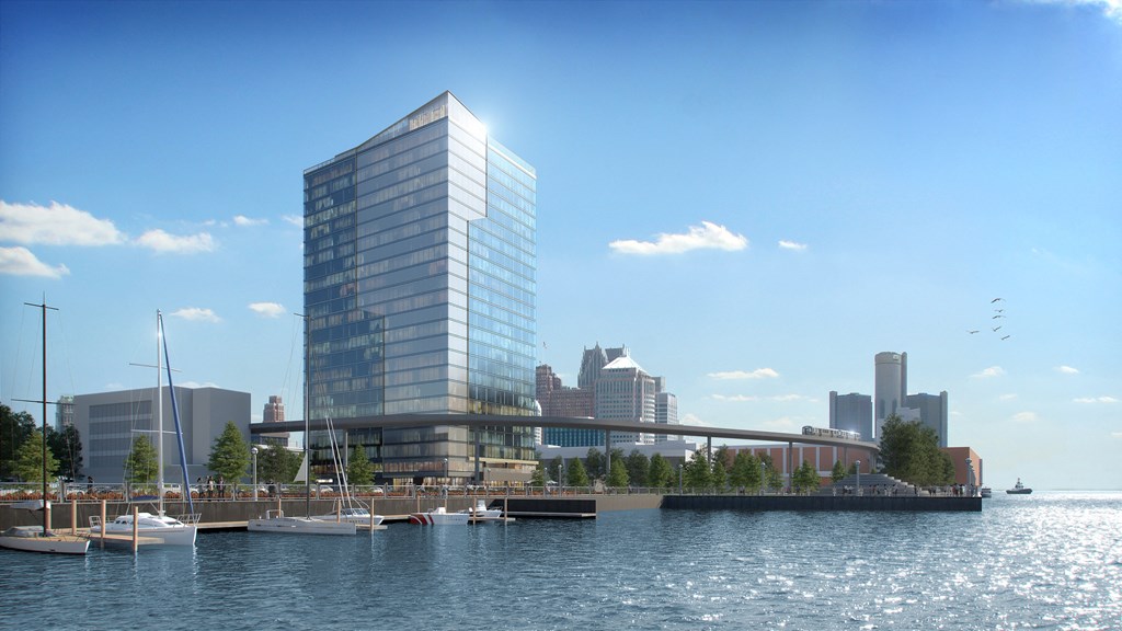 a rendering of a tall skyscraper next to a body of water