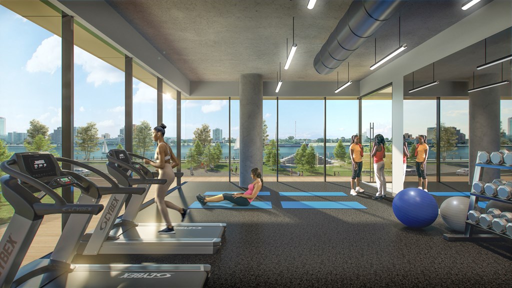 a rendering of a gym with people exercising