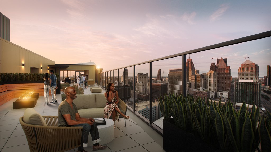 a rendering of a rooftop terrace with a view of the philadelphia skyline