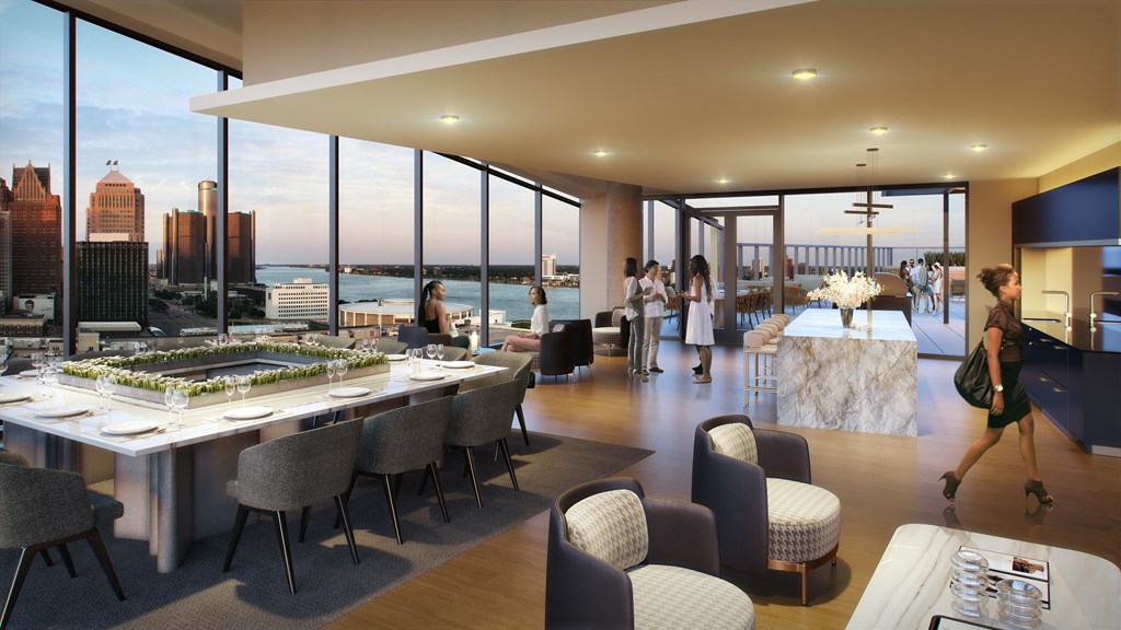 an open floor plan with a large dining table and a bar with a view of the city