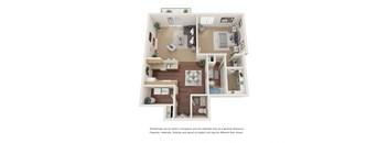 One bedroom, one and a half bathroom three dimensional floor plan.