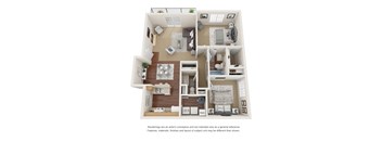Two bedroom, one and a half bath three dimensional floor plan.