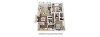 Two bedroom, one and three forths bathroom three-dimensional floor plan layout.
