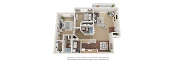 Two bedroom, two bathroom three-dimensional floor plan layout.