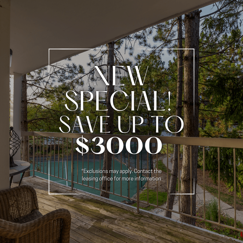 A balcony with a chair and a table with a sign that says