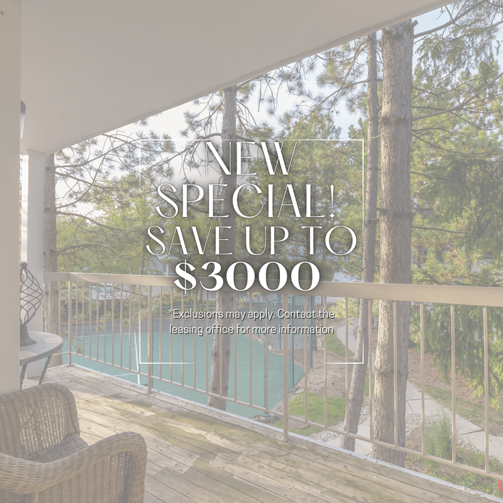 A balcony with a chair and a table with a sign that says "NEW SPECIAL! SAVE UP TO $3000".